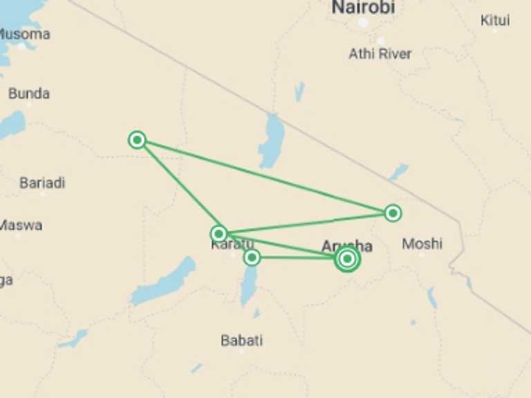Map of 5-Day Ngorongoro Crater Tour with 6 destination visits for the trip: 5 days 4 nights safari