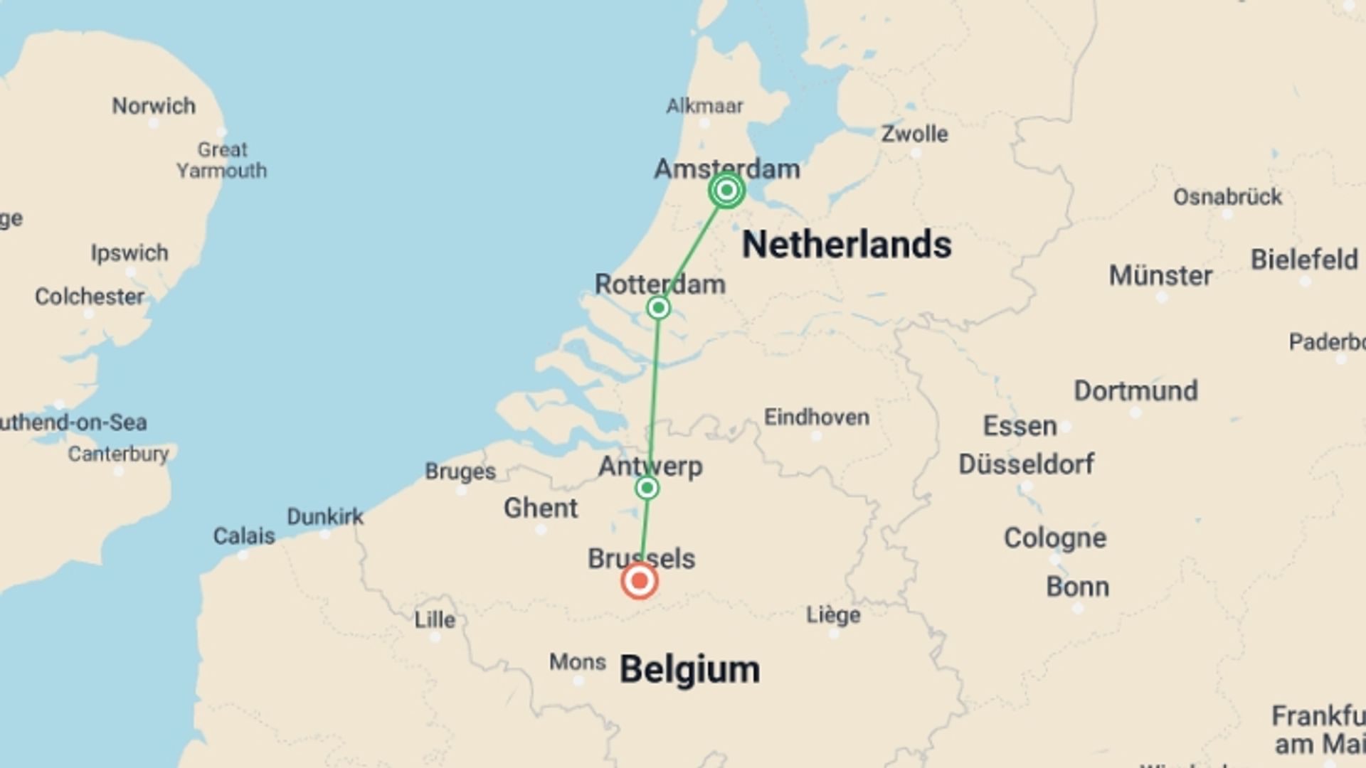 A map showing the tour itinerary for the trip: The treasures of the north through Holland and Belgium, starting in Amsterdam, Holland and ending in Brussels, Belgium going through 2 other destinations.