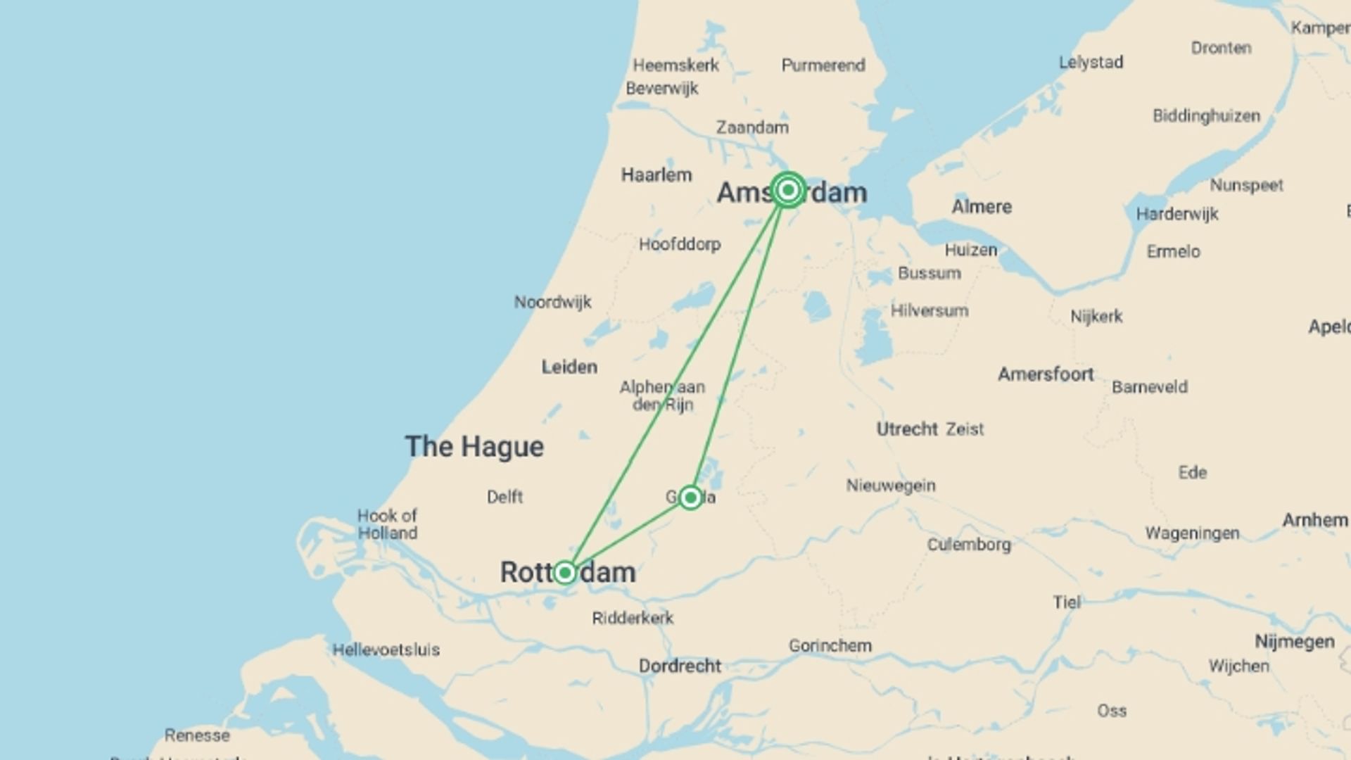 A map showing the tour itinerary for the trip: Through authentic Holland (port-to-port cruise), starting in Amsterdam, Holland and ending in Amsterdam, Holland going through 2 other destinations.