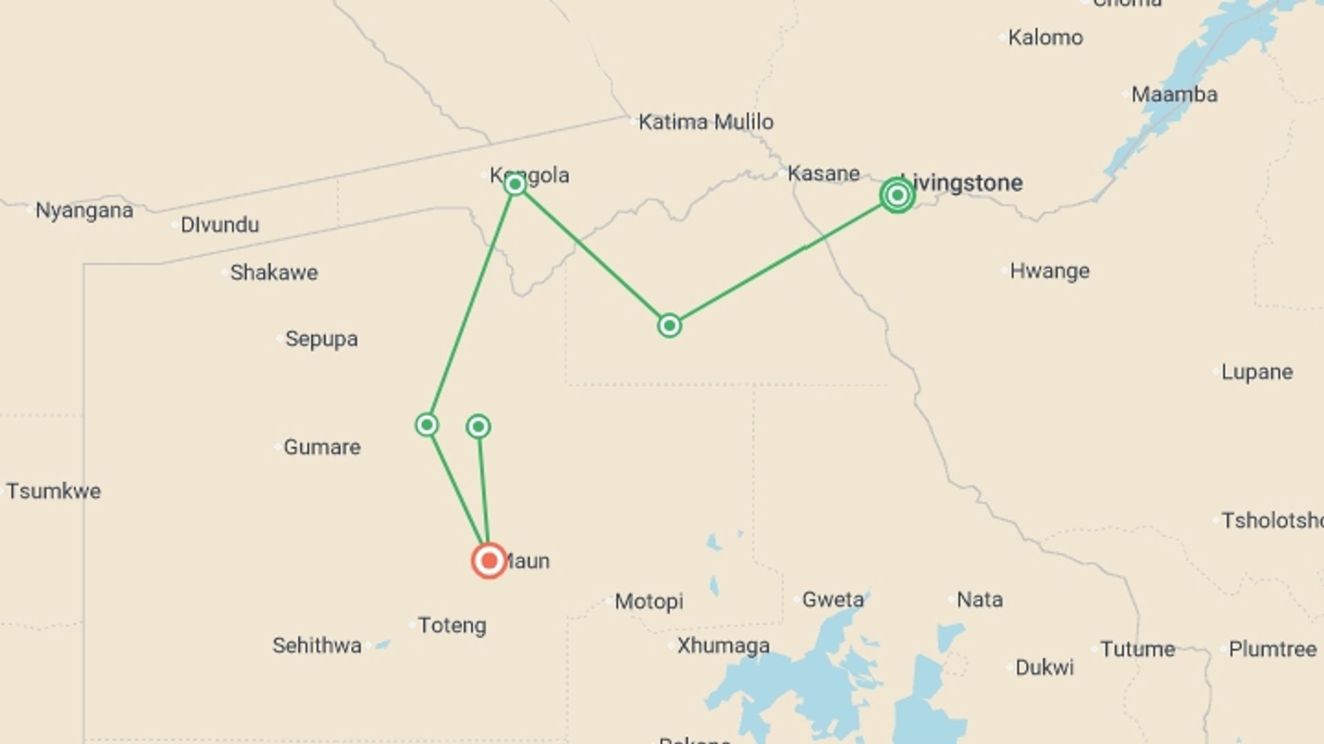 A map showing the tour itinerary for the trip: Family Botswana and Zimbabwe Safari Adventure, starting in Victoria Falls, Zimbabwe and ending in Maun, Botswana going through 5 other destinations.