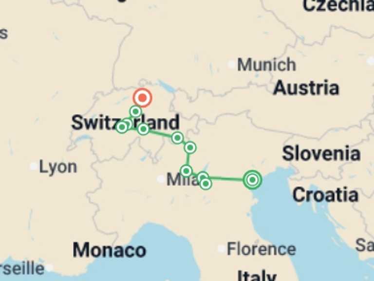 Map of 9-Day Venice Tour with 6 destination visits for the trip: Vistas of Italy and Switzerland