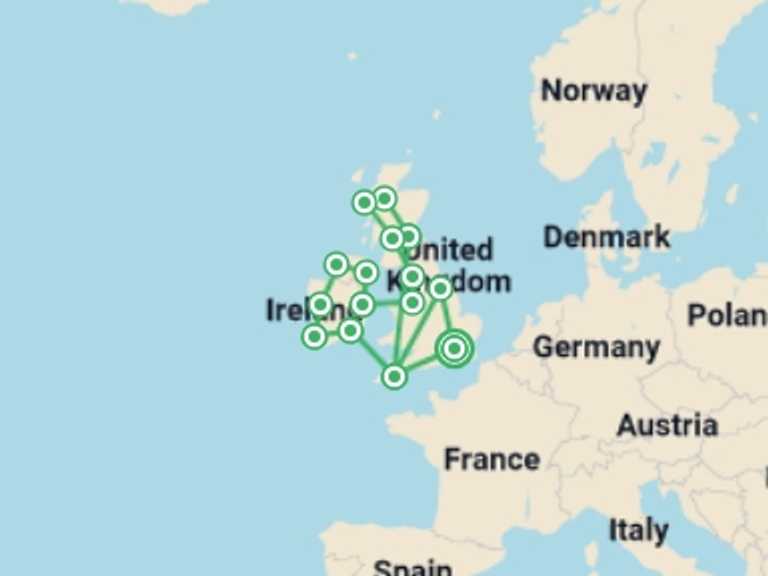 Map itinerary of England Tour in Spring with 15 destination visits for the trip: Britain and Ireland Grandeur - Signature