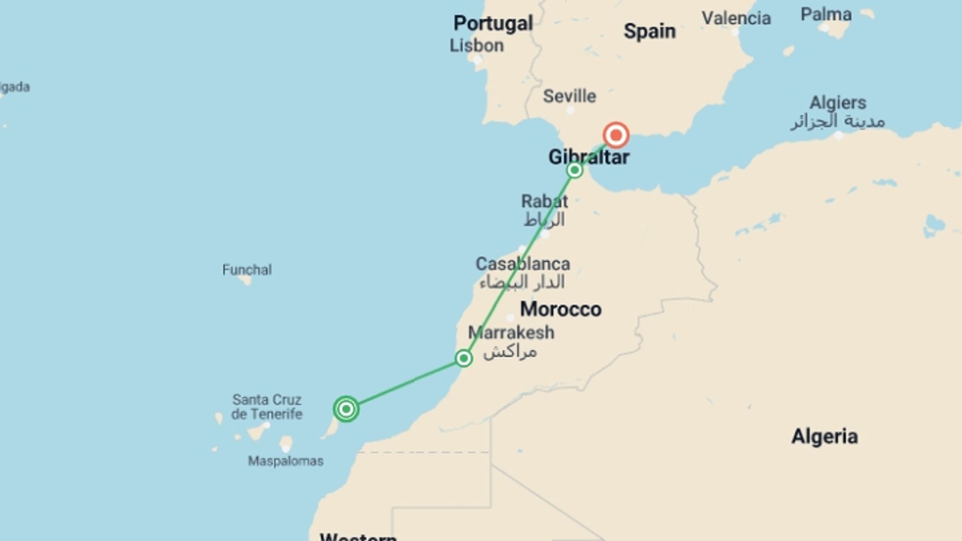 A map showing the tour itinerary for the trip: From Morocco's Imperial Cities to the Andalusian Flatlands, from Arrecife to Malaga. Magnificent Mudéjar Art (port-to-port package), starting in Arrecife, Spain and ending in Malaga, Spain going through 2 other destinations.