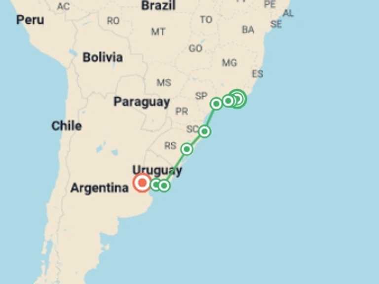 Map of a Natural landmarks sightseeing Tour with 10 destination visits for the trip: Rio de Janeiro to Buenos Aires (via Uruguay) Travel Pass