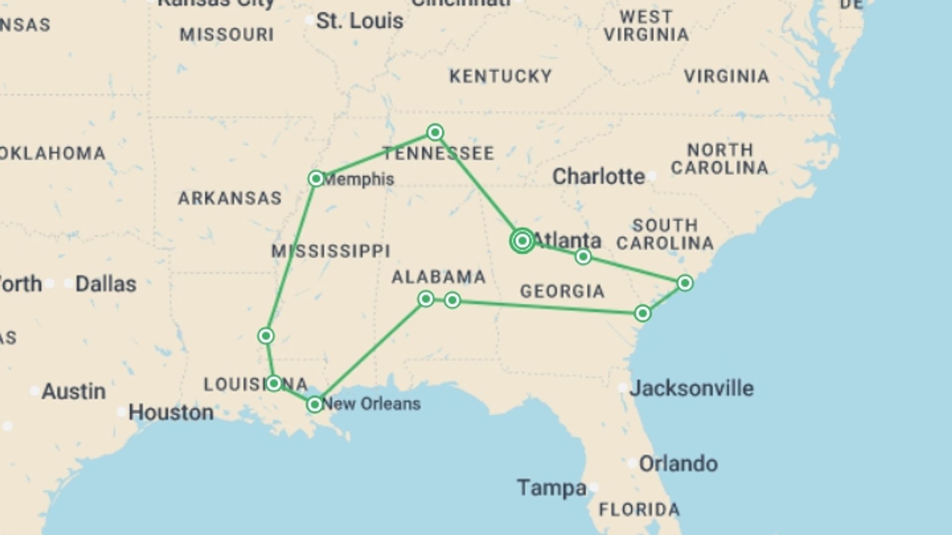 A map showing the tour itinerary for the trip: Atlanta & American South - 14 days, starting in Atlanta, USA and ending in Atlanta, USA going through 7 other destinations.