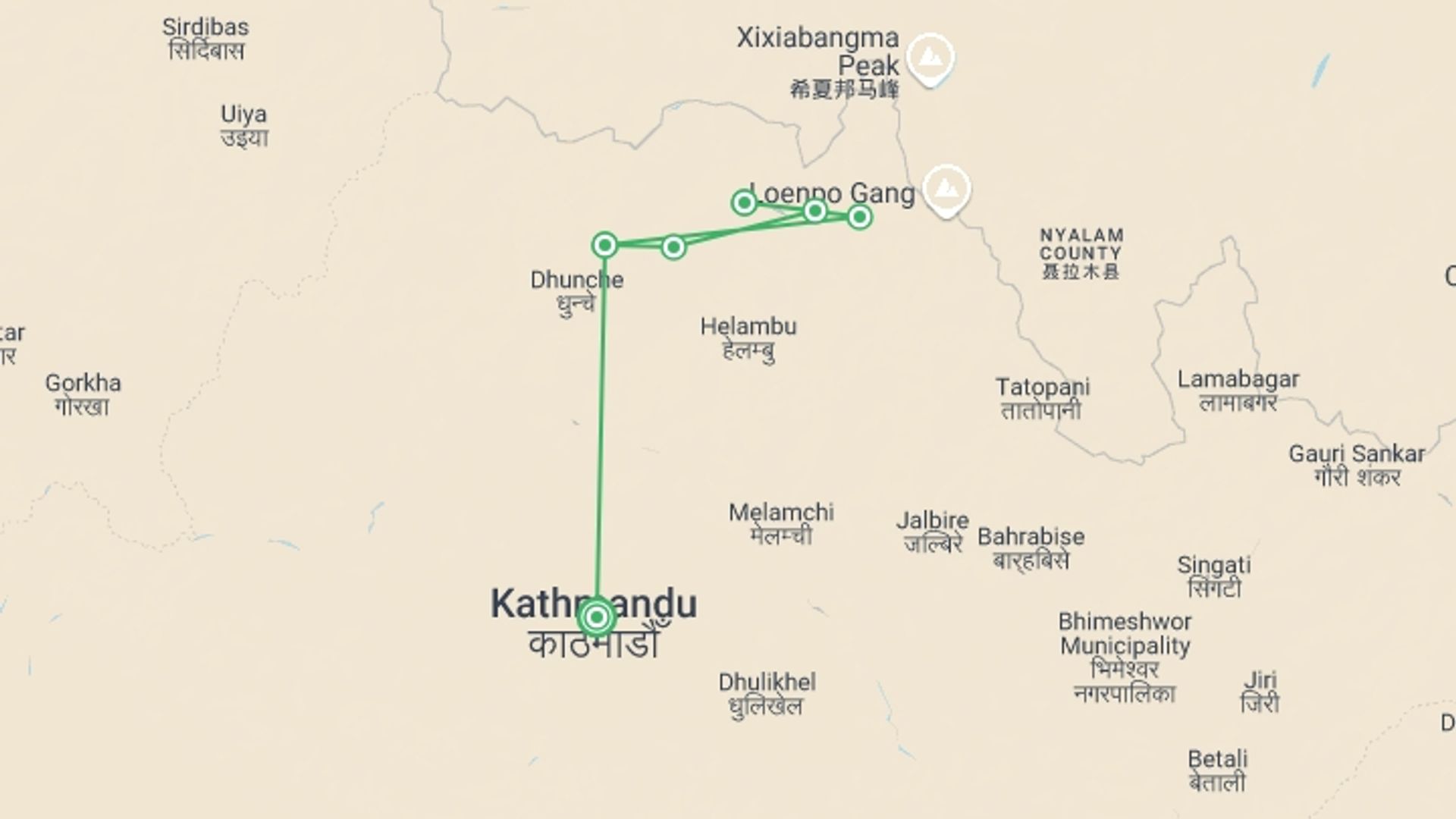 A map showing the tour itinerary for the trip: Langtang Valley View Treks 8-Days, starting in Kathmandu, Nepal and ending in Kathmandu, Nepal going through 6 other destinations.
