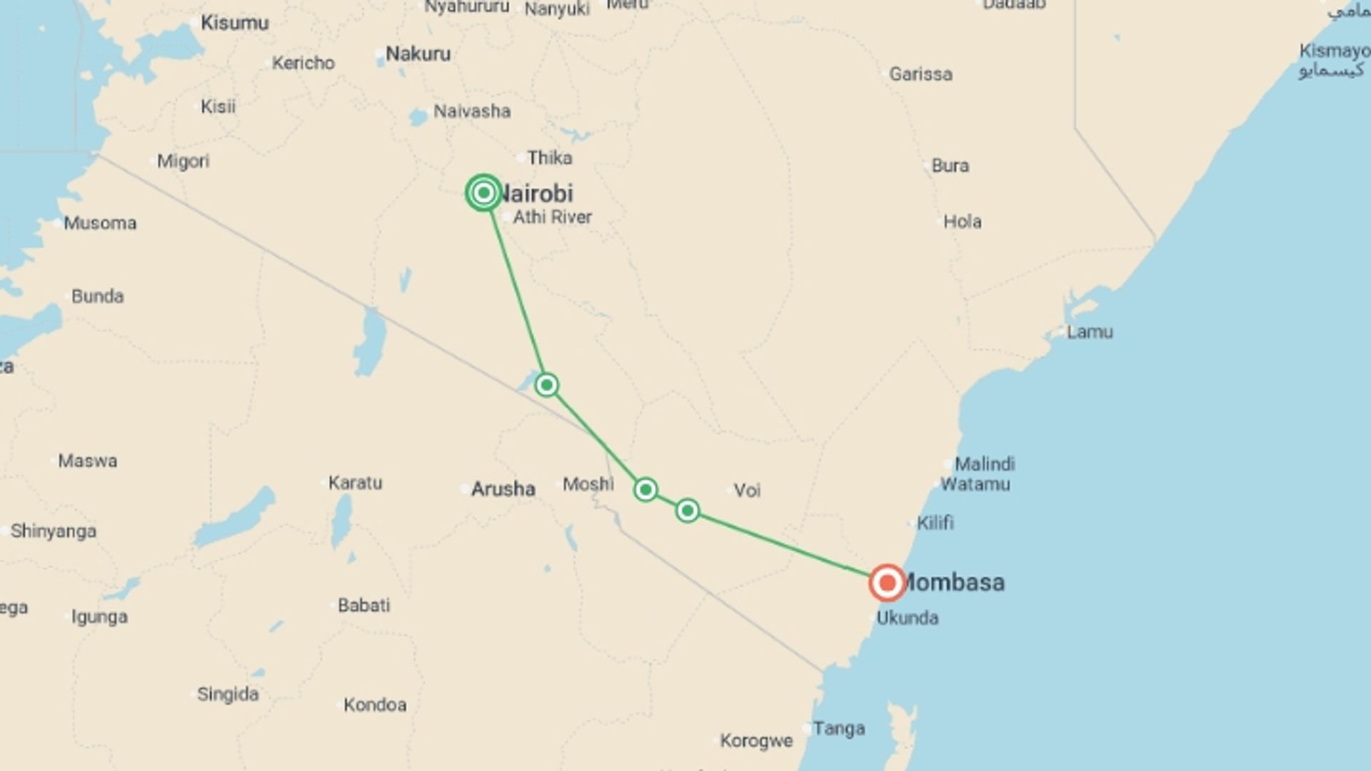A map showing the tour itinerary for the trip: Kilimanjaro To Mombasa, starting in Nairobi, Kenya and ending in Mombasa, Kenya going through 3 other destinations.