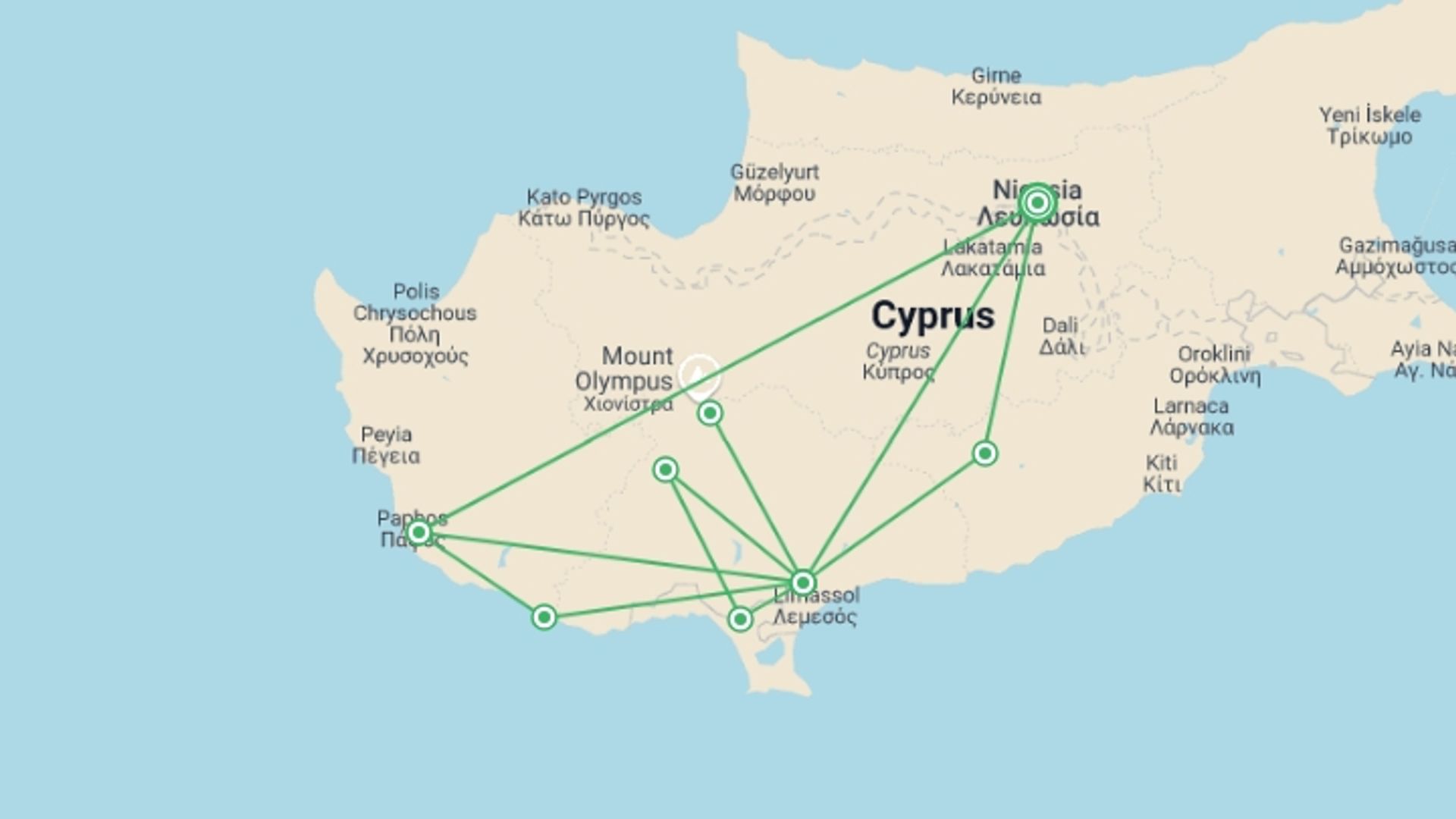 A map showing the tour itinerary for the trip: Aphrodite's Tour, starting in Nicosia, Cyprus and ending in Nicosia, Cyprus going through 3 other destinations.