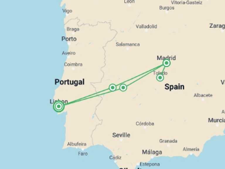 Map itinerary of Spain Tour in February 2026 with 2 destination visits for the trip: 5-day Madrid Tour From Lisbon
