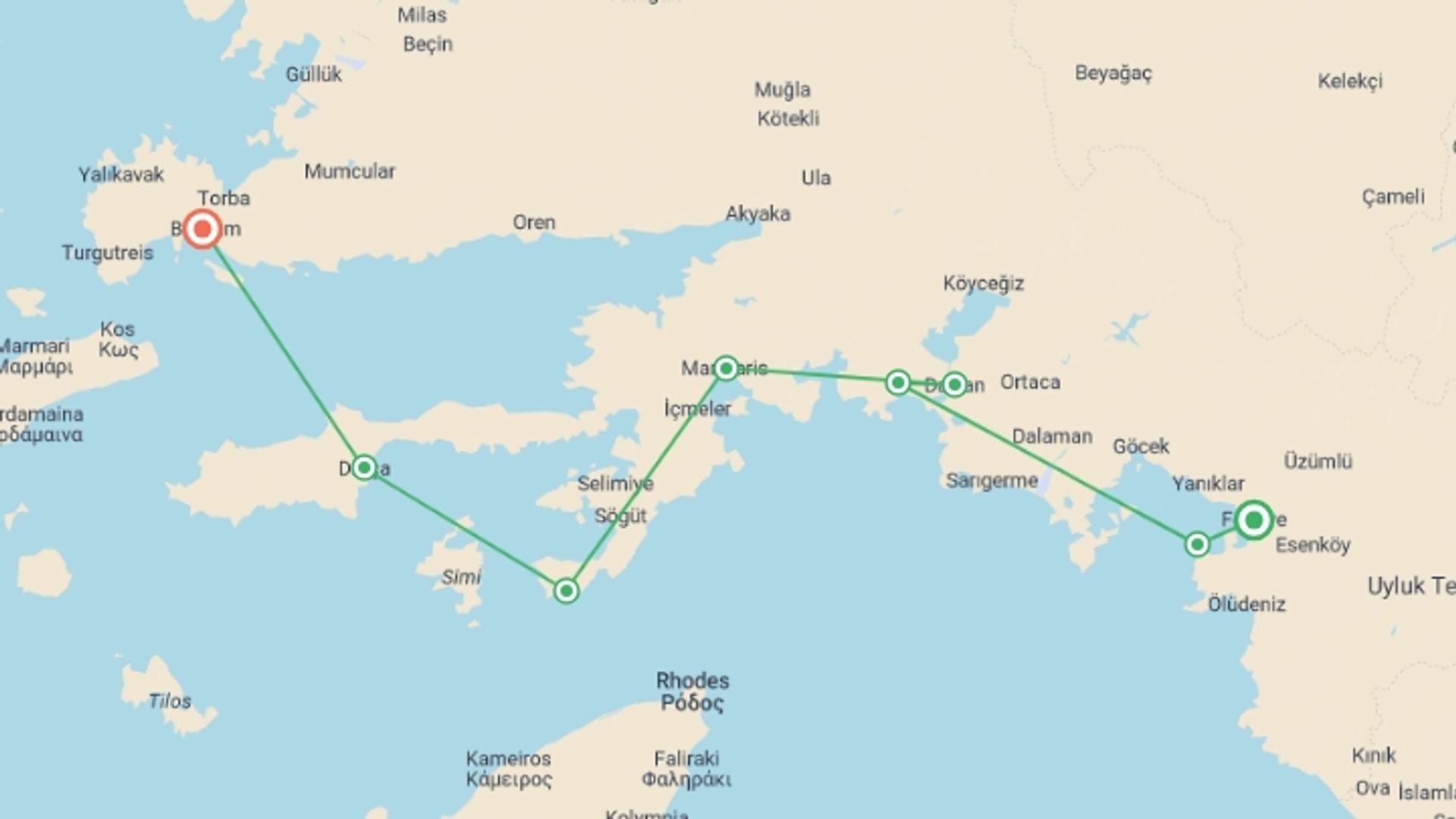 A map showing the tour itinerary for the trip: Sail Turkey: Fethiye to Bodrum - (Turkish Gulet), starting in Fethiye, Turkey and ending in Bodrum, Turkey going through 6 other destinations.