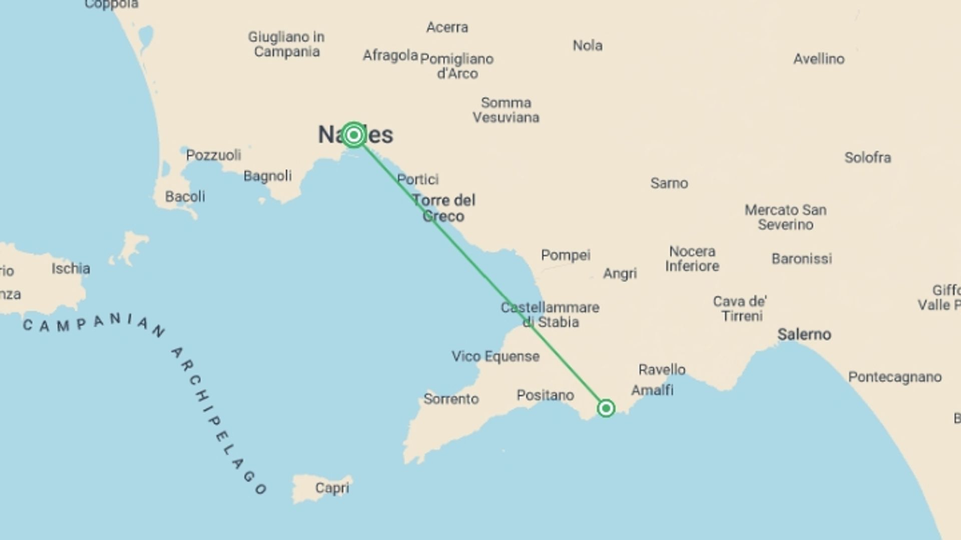 A map showing the tour itinerary for the trip: Local Living Italy—Amalfi Coast, starting in Naples, Italy and ending in Naples, Italy going through 2 other destinations.
