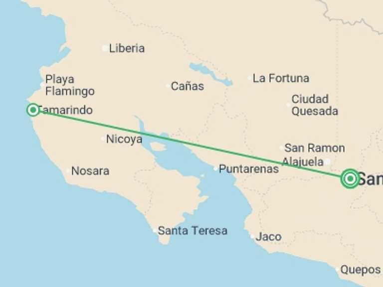Map itinerary of South America Tour in July 2026 with 2 destination visits for the trip: San Jose & Tamarindo Beach Break - 5 days