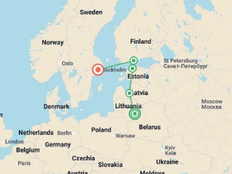 Map of Europe Cultural, religious and historic sites Tour with 5 destination visits for the trip: Winter in the Baltics, Helsinki & Stockholm