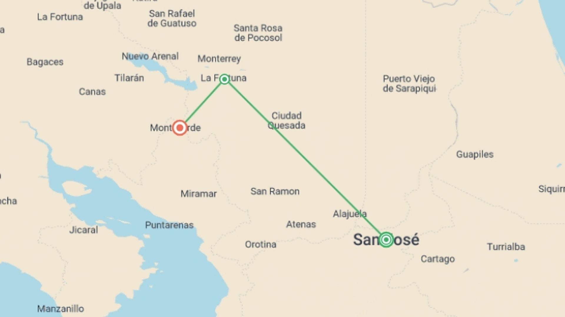 A map showing the tour itinerary for the trip: Costa Rica: Volcanoes, Cloud Forests & Zip-Lines, starting in San Jose, Costa Rica and ending in Monteverde Cloud Forest Biological Preserve, Costa Rica going through 1 other destinations.