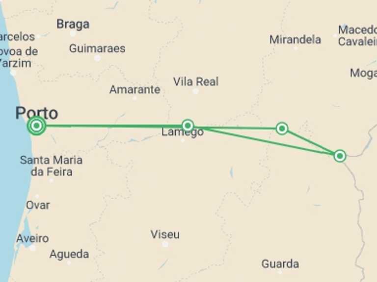 Map of Porto Cruise Tour with 4 destination visits for the trip: Porto, the Douro valley (Portugal) and Salamanca (Spain) 	(port-to-port cruise)