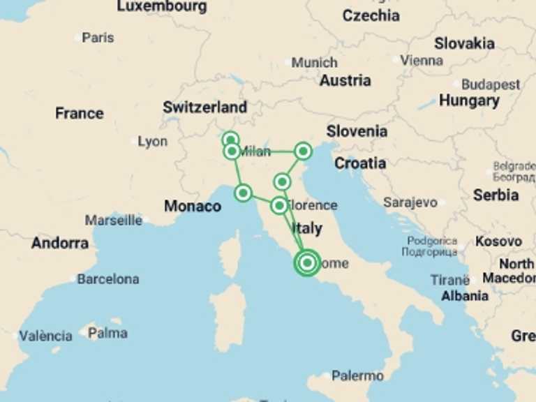 Map of 10-Day Mediterranean Tour with 5 destination visits for the trip: Italian Espresso