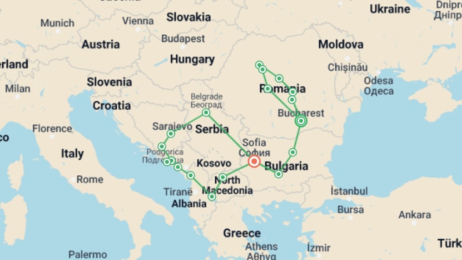 A map showing the tour itinerary for the trip: Splendours of Balkans and Transylvania (4 Star Hotels), starting in Bucharest, Romania and ending in Sofia, Bulgaria going through 10 other destinations.
