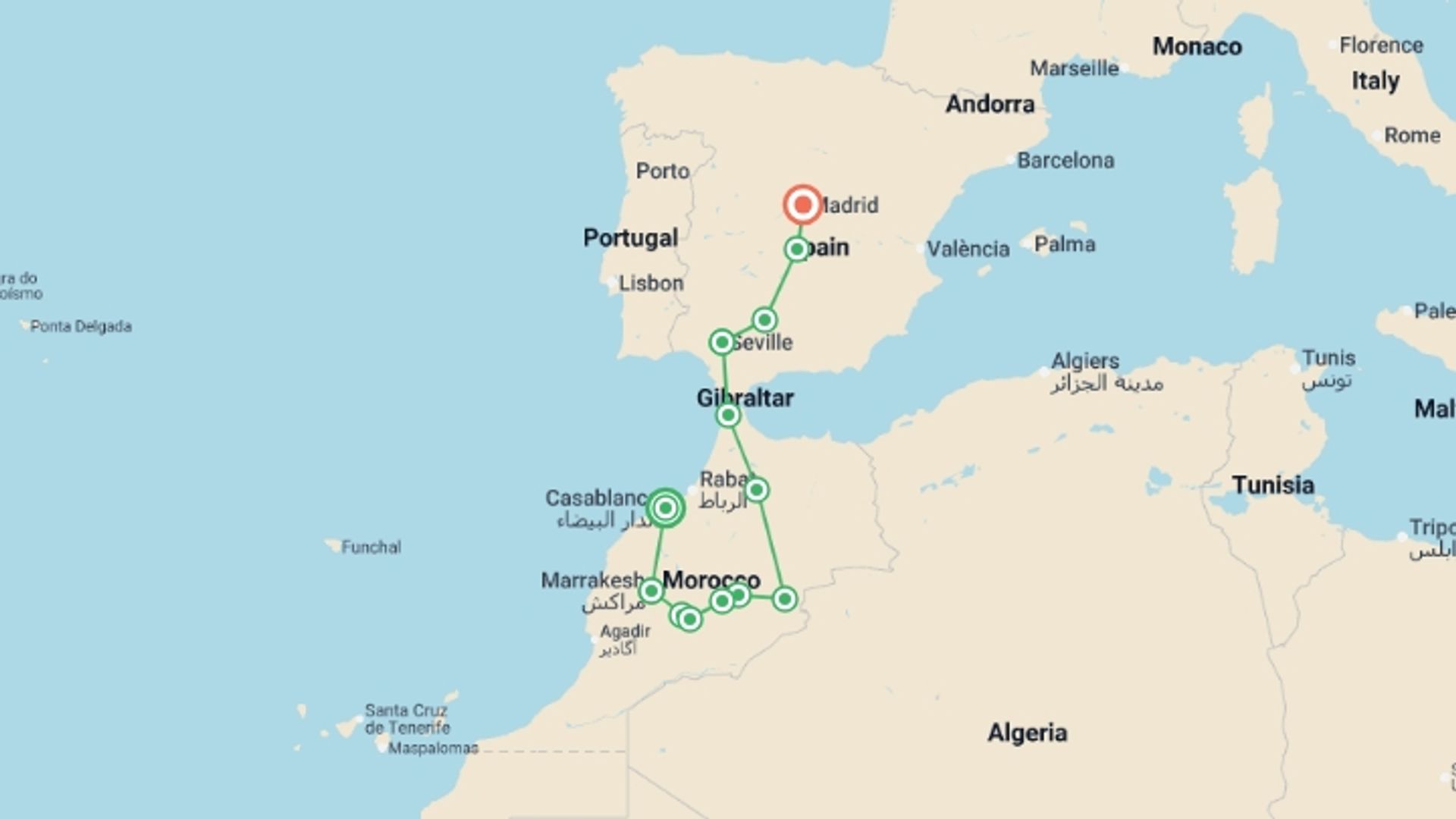 A map showing the tour itinerary for the trip: Moroccan capitals, Seville and Madrid, starting in Casablanca, Morocco and ending in Madrid, Spain going through 6 other destinations.
