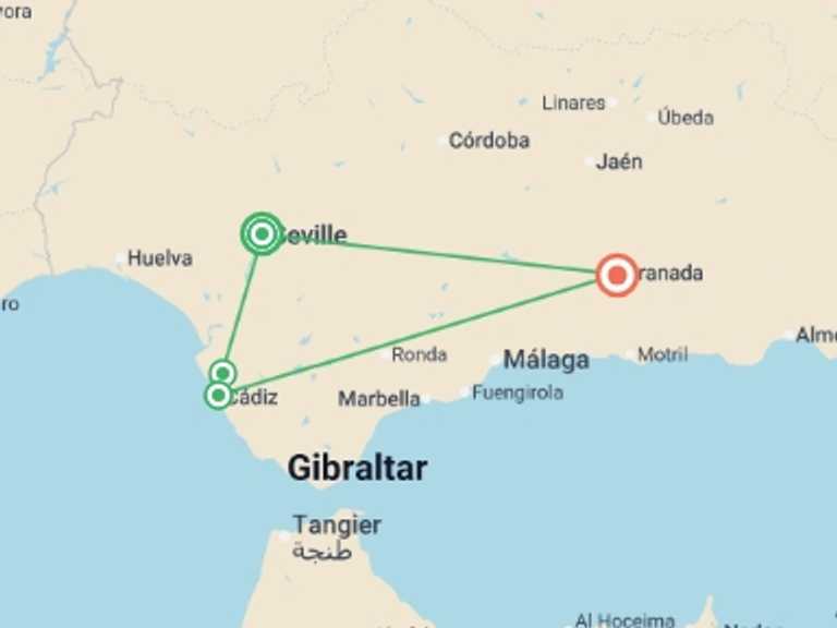 Map of 8-Day Spain Tour with 4 destination visits for the trip: Spanish flavors and festivities, a cruise in the heart of Andalusia (port-to-port cruise)