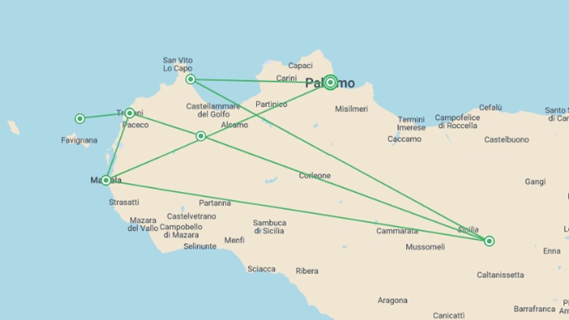 A map showing the tour itinerary for the trip: Western Sicily Guided Walk, starting in Palermo, Italy and ending in Palermo, Italy going through 3 other destinations.