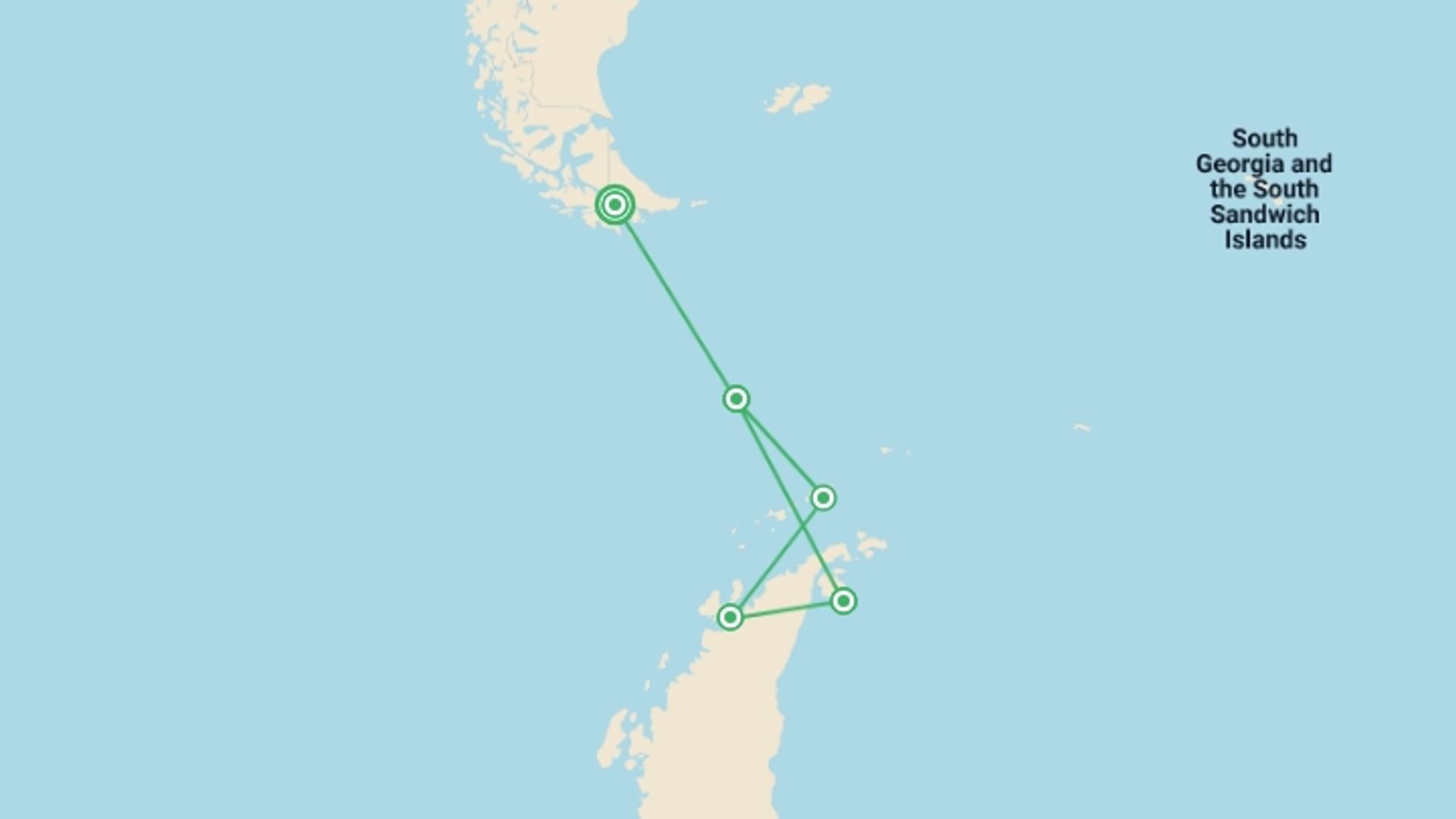 A map showing the tour itinerary for the trip: Antarctic Peninsula and Weddell Sea - M/V Ocean Albatros, starting in Ushuaia, Argentina and ending in Ushuaia, Argentina going through 4 other destinations.