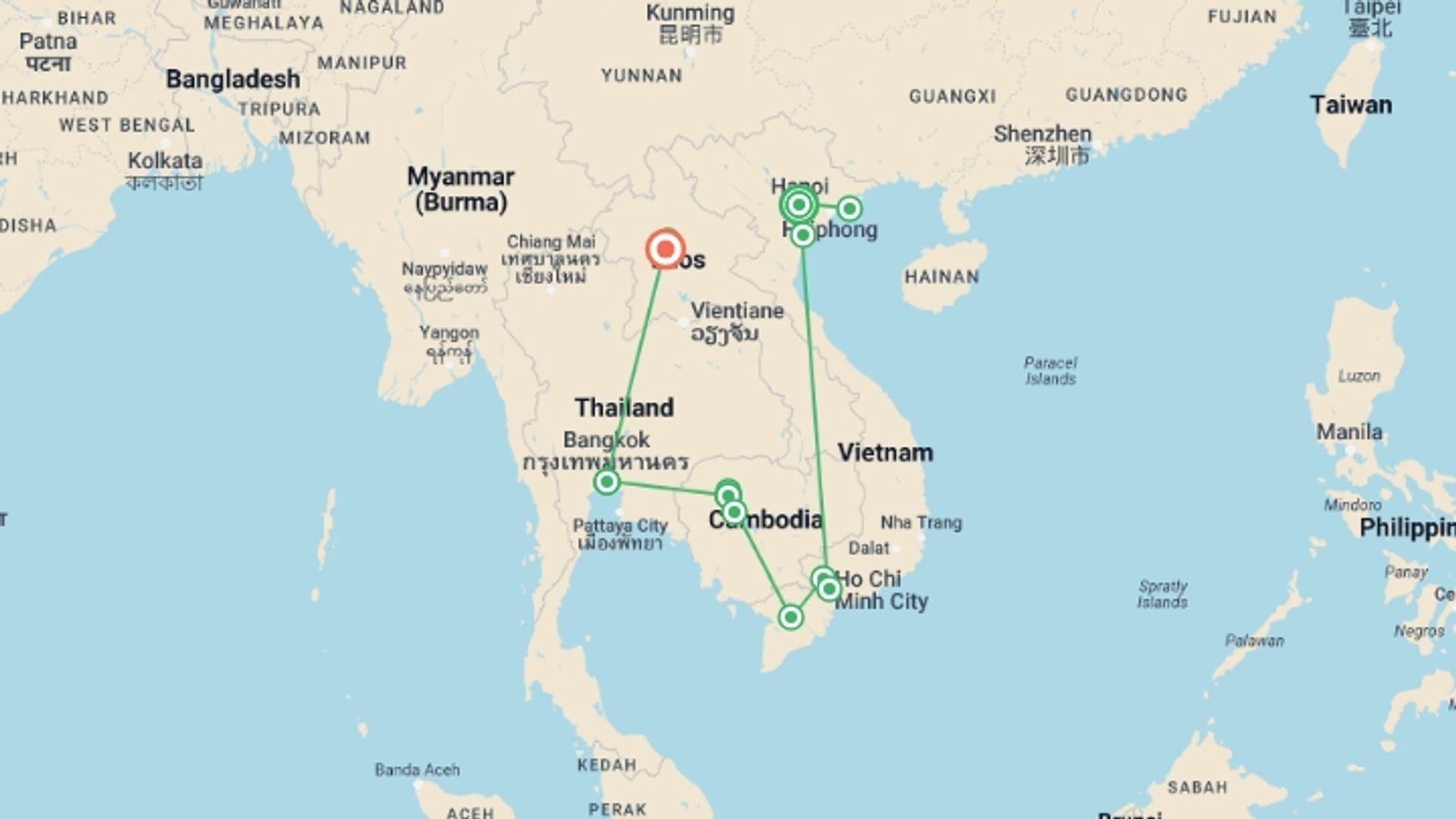 A map showing the tour itinerary for the trip: Treasures of Vietnam, Thailand, Cambodia & Laos, starting in Hanoi, Vietnam and ending in Luang Prabang, Laos going through 8 other destinations.