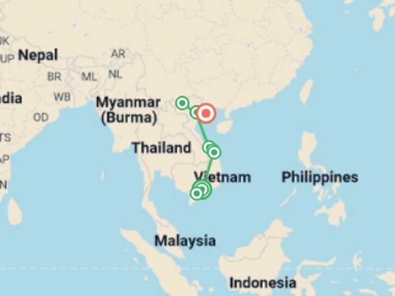 Map itinerary of Asia Tour in May 2027 with 8 destination visits for the trip: Vietnam In-Depth