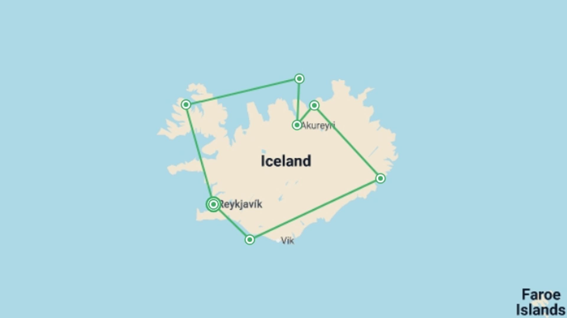 A map showing the tour itinerary for the trip: Highlights of Iceland (Ocean Victory), starting in Reykjavik, Iceland and ending in Reykjavik, Iceland going through 6 other destinations.