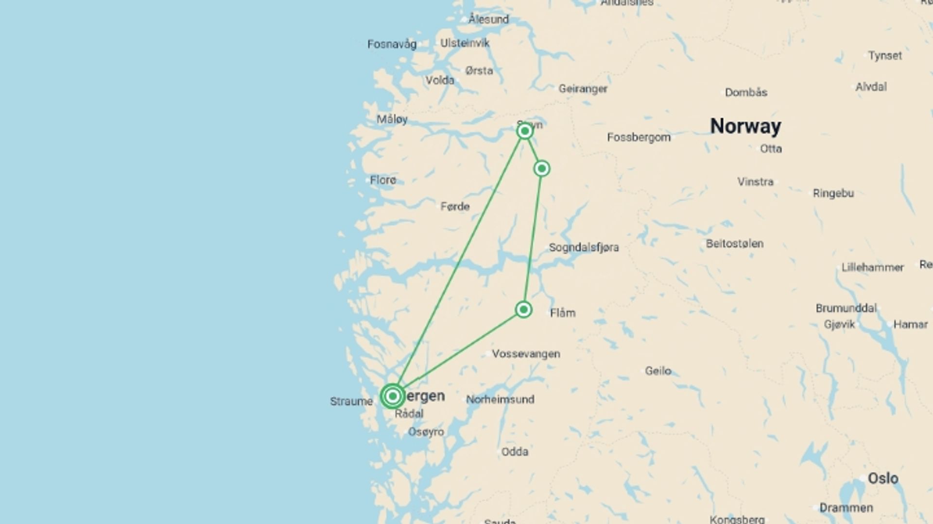A map showing the tour itinerary for the trip: Norway: Hike, Bike & Kayak, starting in Bergen, Norway and ending in Bergen, Norway going through 3 other destinations.
