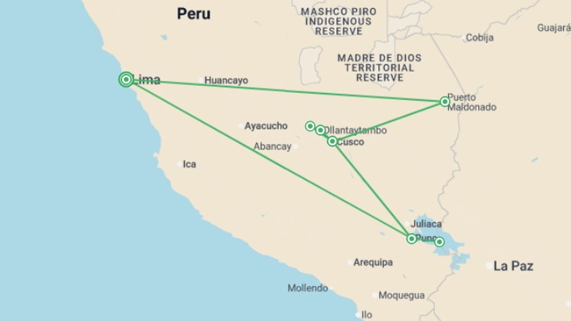 A map showing the tour itinerary for the trip: Peru Panorama: Lake Titicaca & Machu Picchu by Train, starting in Lima, Peru and ending in Lima, Peru going through 6 other destinations.