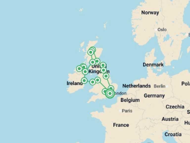 Map itinerary of Europe Tour in Summer with 8 destination visits for the trip: Great British and Irish Route