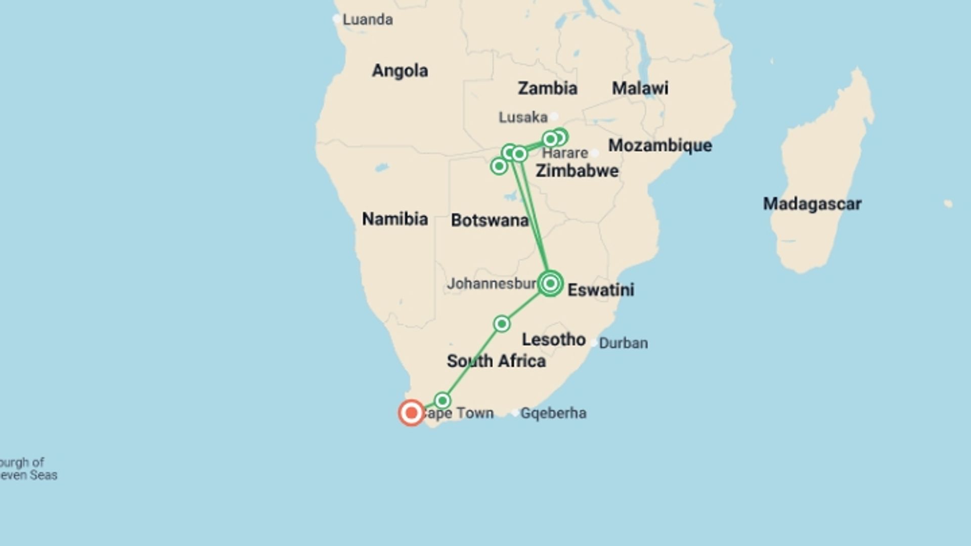 A map showing the tour itinerary for the trip: Flame of Southern Africa: A Luxury Cruise, Rail, and Tour Journey of a Lifetime, starting in Johannesburg, South Africa and ending in Cape Town, South Africa going through 8 other destinations.