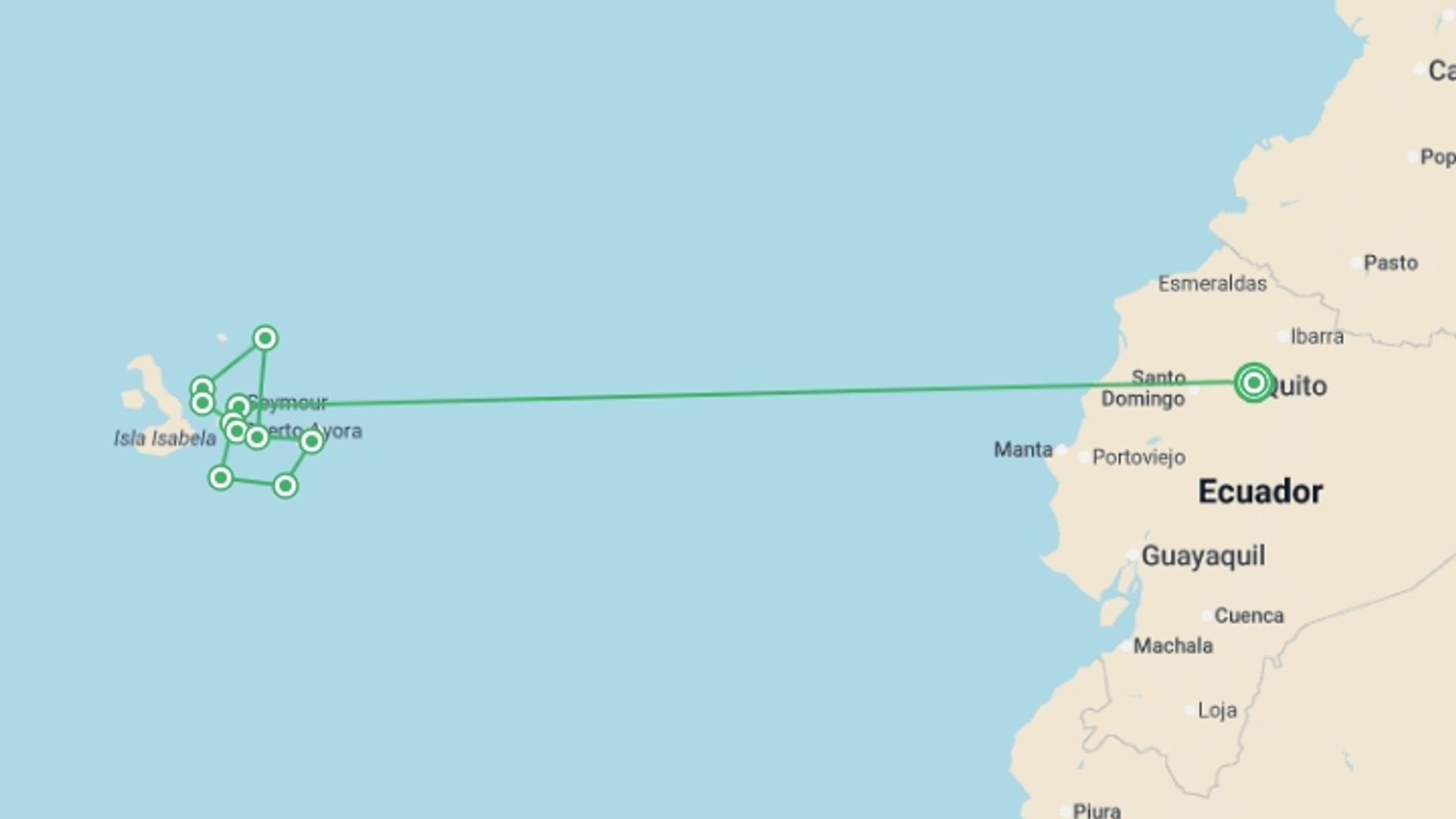 A map showing the tour itinerary for the trip: Complete Galapagos (Grand Daphne), starting in Quito, Ecuador and ending in Quito, Ecuador going through 7 other destinations.