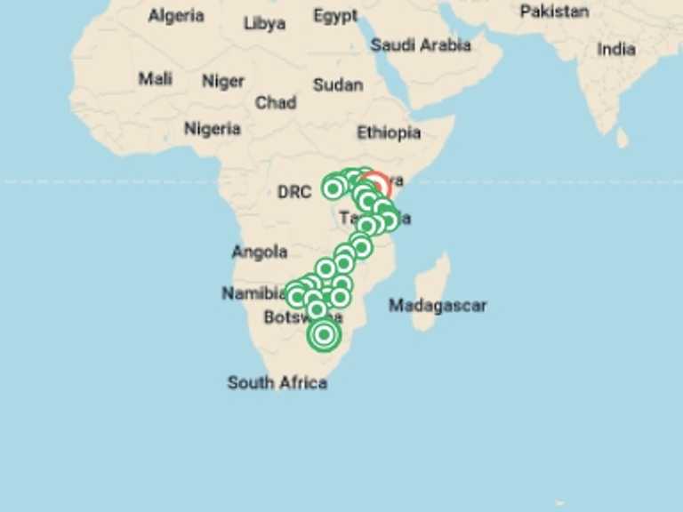 Map of a Gorilla and chimpanzee tracking Tour with 37 destination visits for the trip: Johannesburg to Gorillas