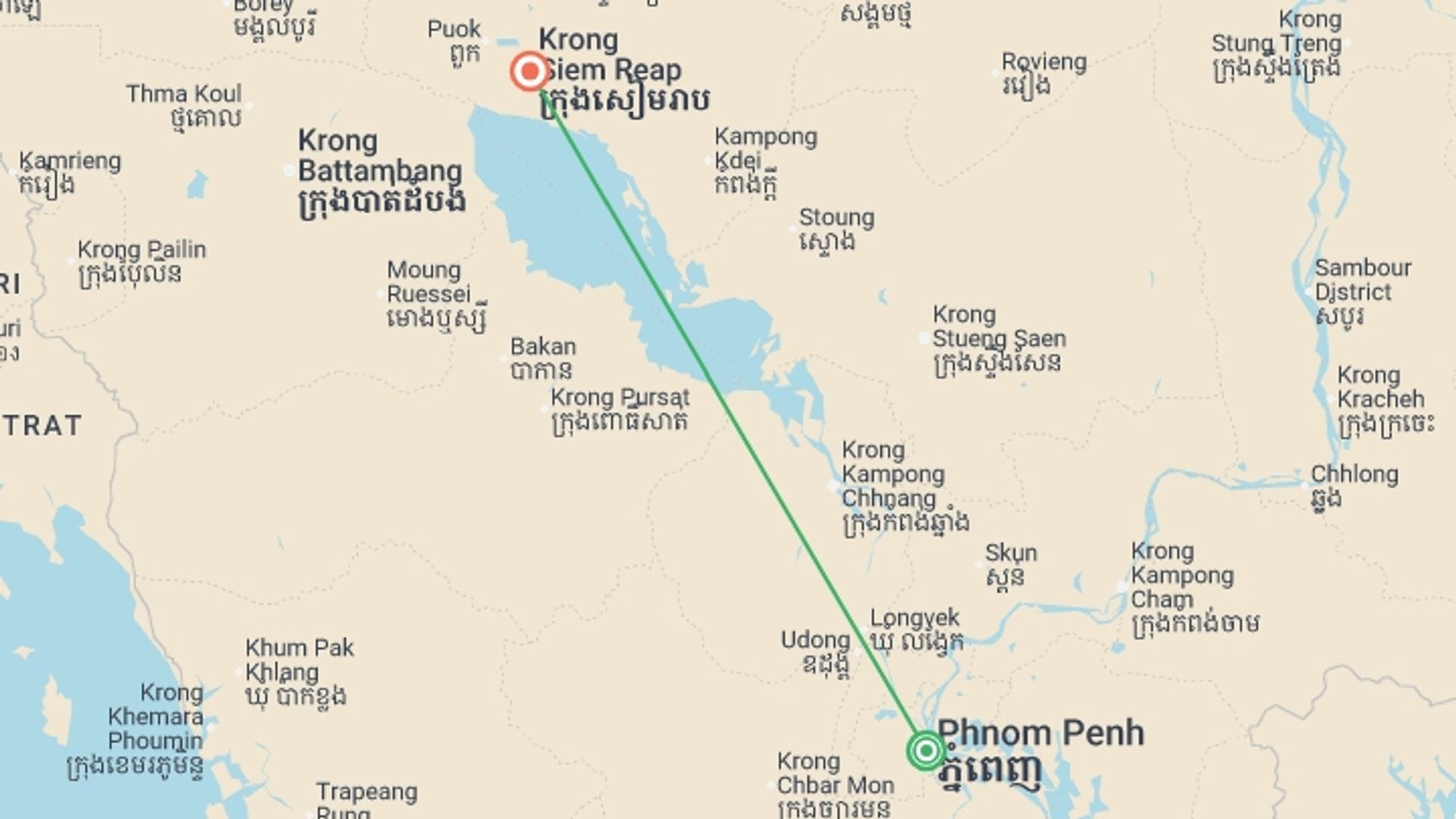 A map showing the tour itinerary for the trip: Phnom Penh, Angkor & Siem Reap - 5 days, starting in Phnom Penh, Cambodia and ending in Siem Reap, Cambodia going through 0 other destinations.