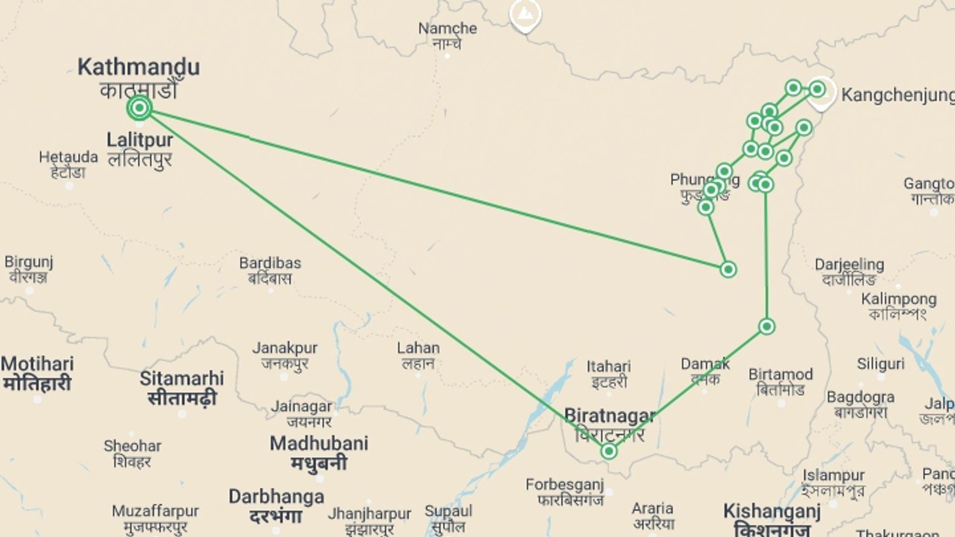A map showing the tour itinerary for the trip: Kanchenjunga Circuit Trek, starting in Kathmandu, Nepal and ending in Kathmandu, Nepal going through 19 other destinations.
