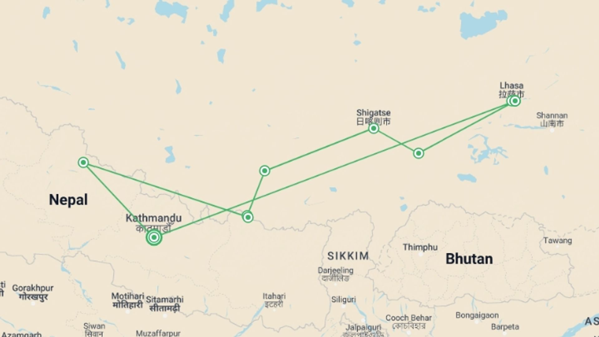 A map showing the tour itinerary for the trip:  Tibet Tour With Everest Base Camp: Fly In & Drive Out, starting in Kathmandu, Nepal and ending in Kathmandu, Nepal going through 6 other destinations.