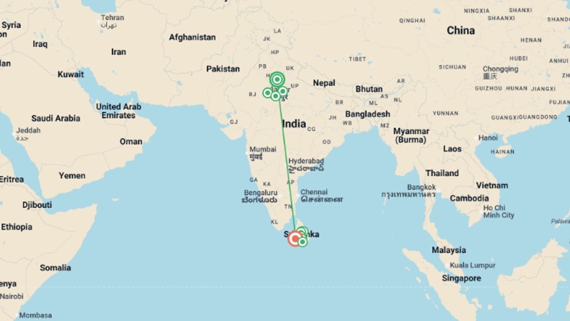 A map showing the tour itinerary for the trip: Delhi to Colombo - 15 days, starting in New Delhi, India and ending in Colombo, Sri Lanka going through 7 other destinations.