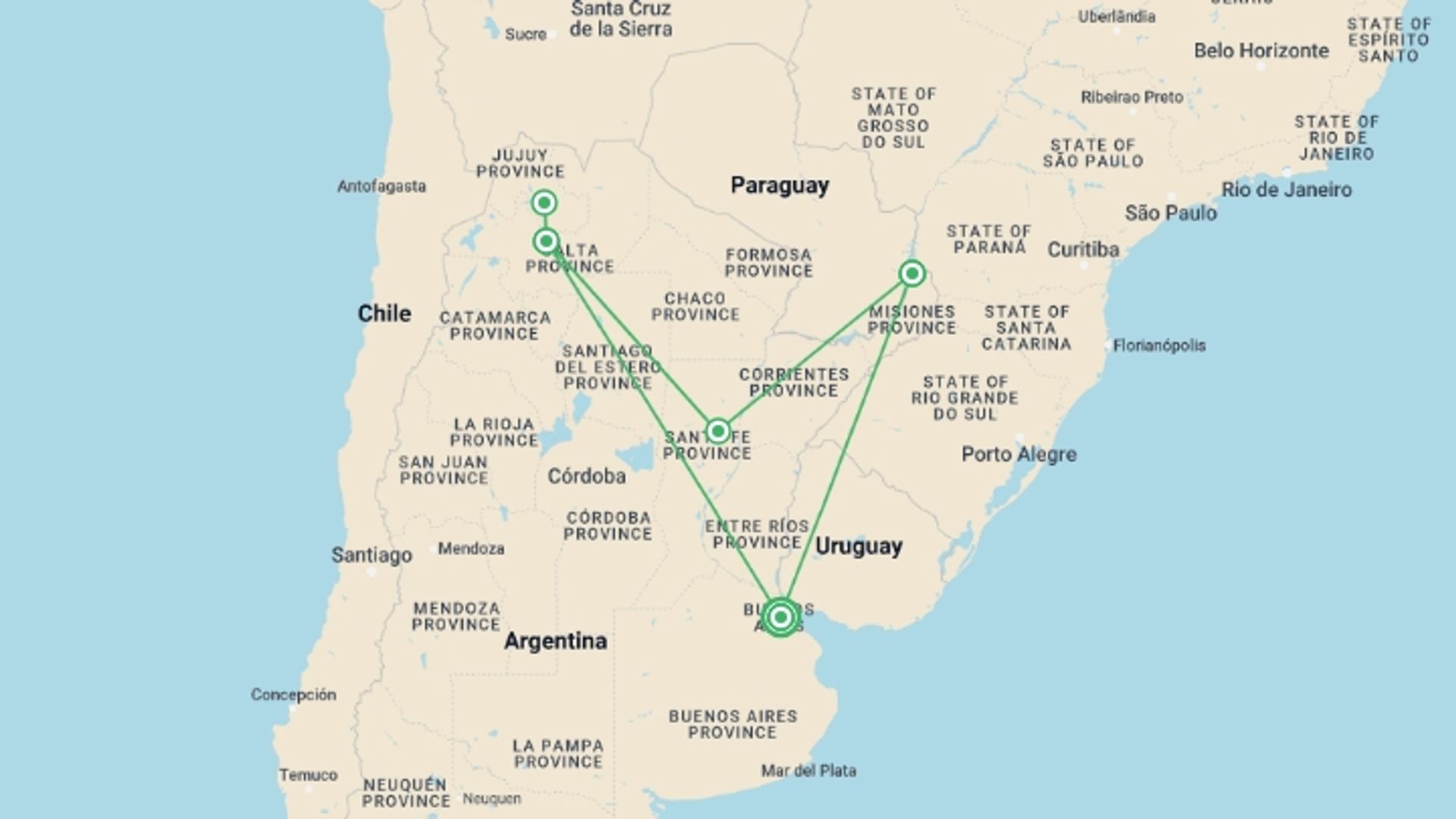 A map showing the tour itinerary for the trip: Deserts, Jungle and Falls, starting in Buenos Aires, Argentina and ending in Buenos Aires, Argentina going through 4 other destinations.