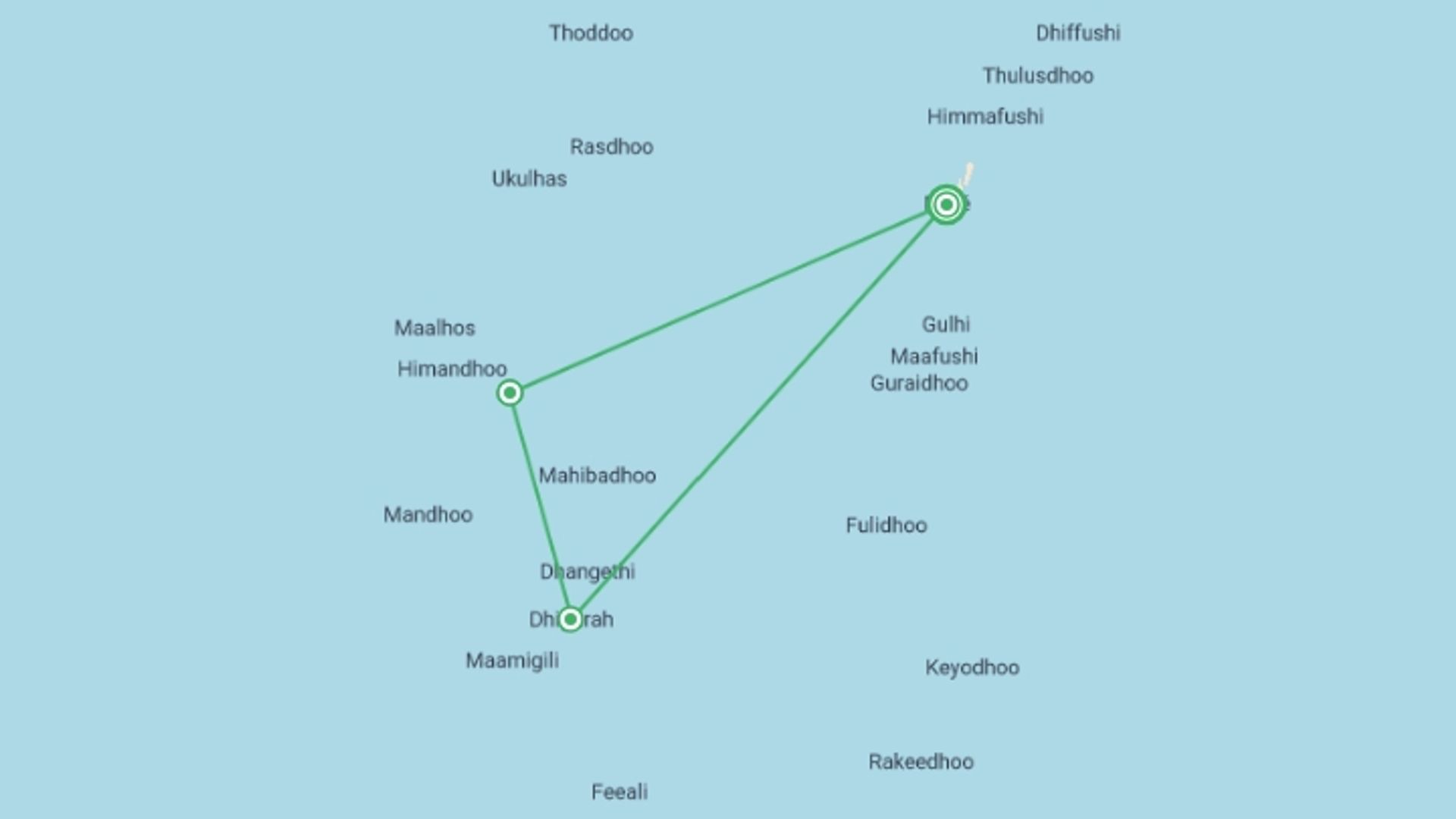A map showing the tour itinerary for the trip: 3N Marine Life Break, starting in Male, Maldives and ending in Male, Maldives going through 2 other destinations.