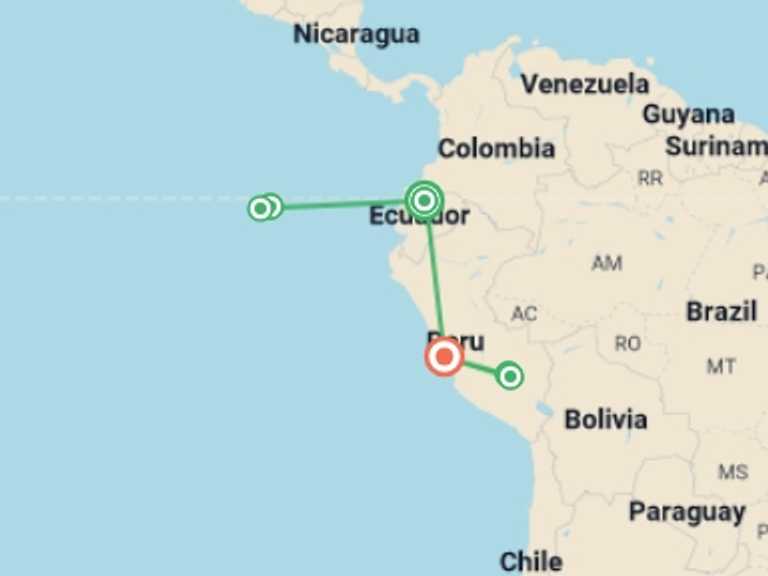 Map itinerary of South America Tour in November 2026 with 6 destination visits for the trip: Quito, Galapagos & Peru Explorer - 13 days