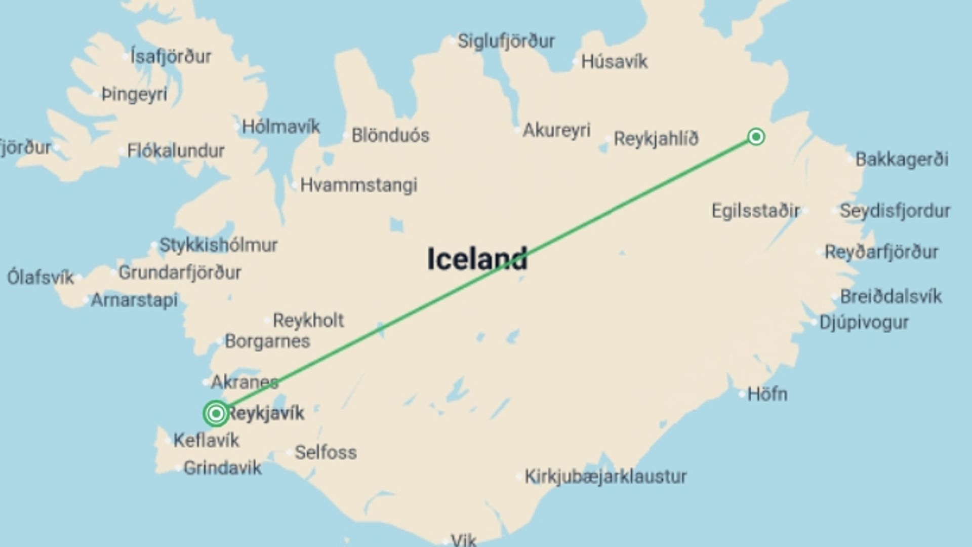 A map showing the tour itinerary for the trip: Iceland Overnight Adventure - 2 days, starting in Reykjavik, Iceland and ending in Reykjavik, Iceland going through 2 other destinations.