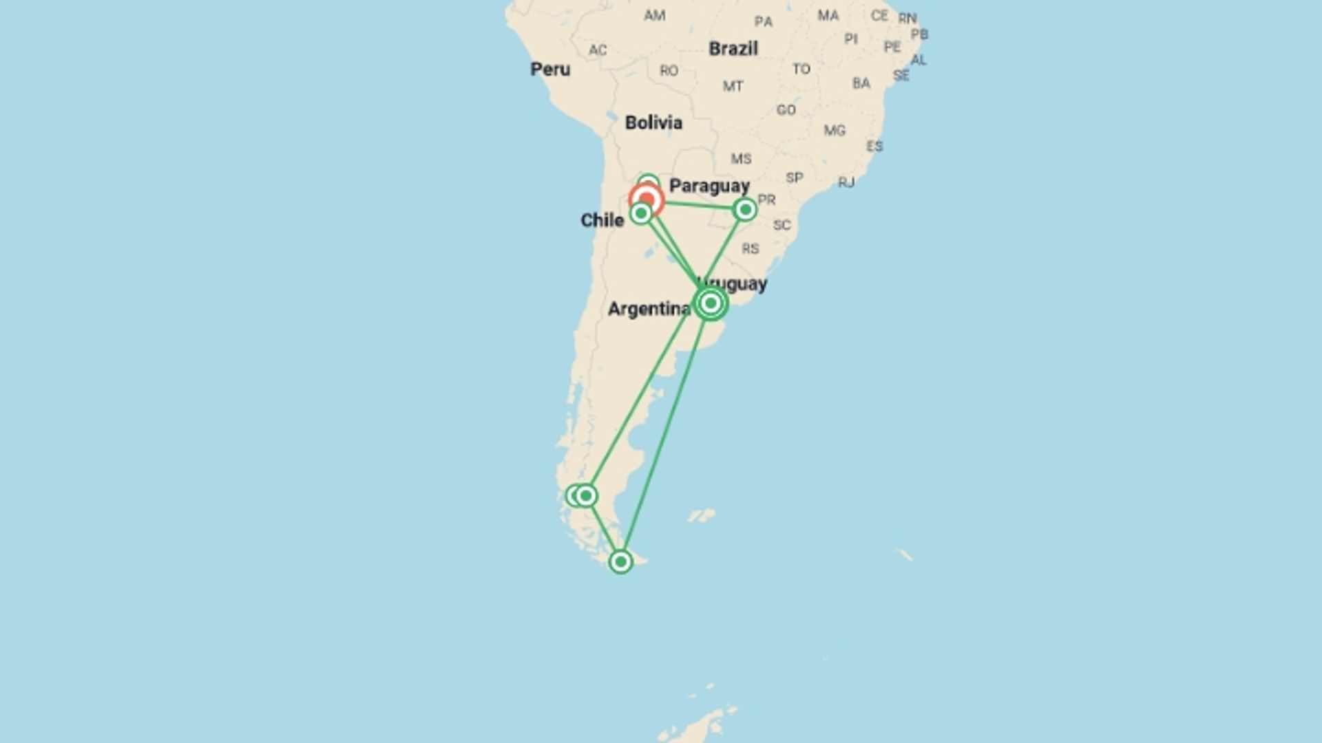 A map showing the tour itinerary for the trip: 16-Day Contrasts of Argentina Tour, starting in Buenos Aires, Argentina and ending in Salta, Argentina going through 8 other destinations.