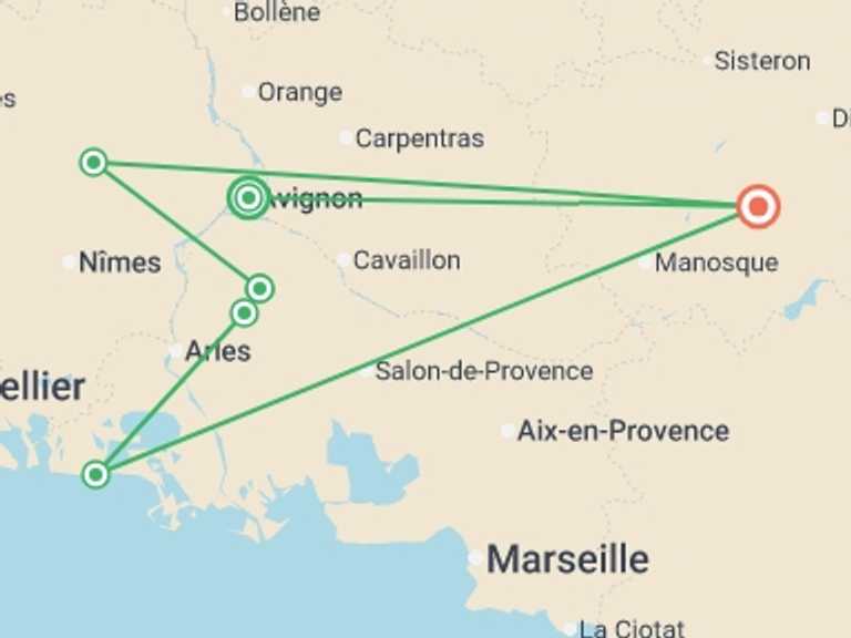 Map of Mediterranean Bicycle Tour with 6 destination visits for the trip: Cycle Provence