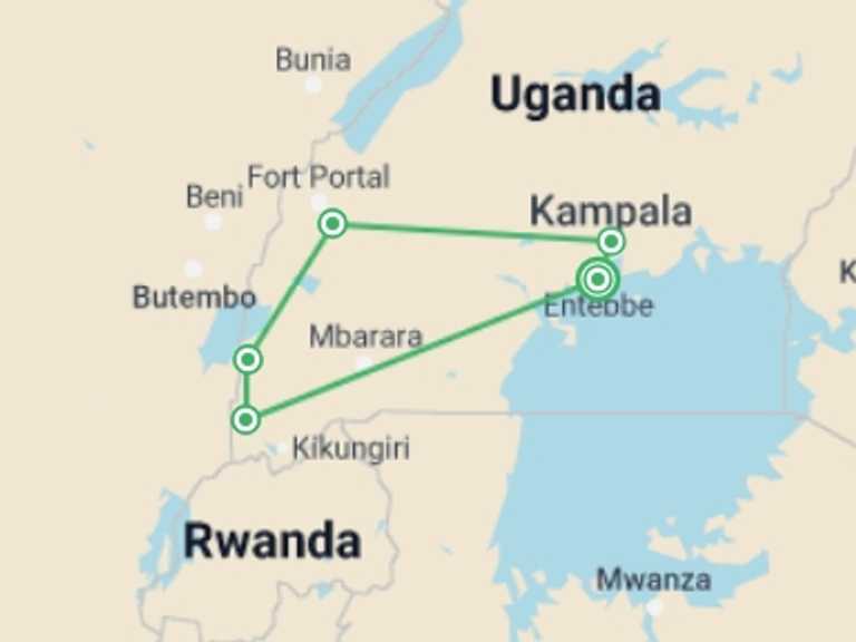 Map of a Gorilla and chimpanzee tracking Tour with 5 destination visits for the trip: 8 days Uganda Wildlife Holiday