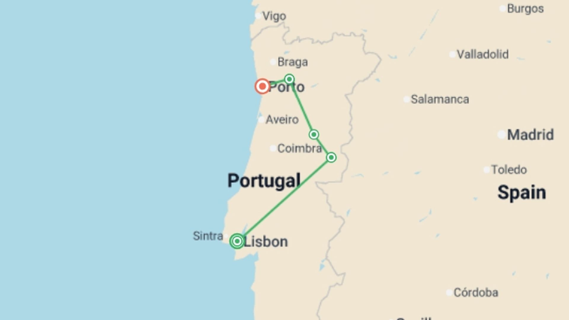 A map showing the tour itinerary for the trip: Portugal: Coastal Walks, Vineyards & Villages of the Douro Valley, starting in Lisbon, Portugal and ending in Porto, Portugal going through 3 other destinations.
