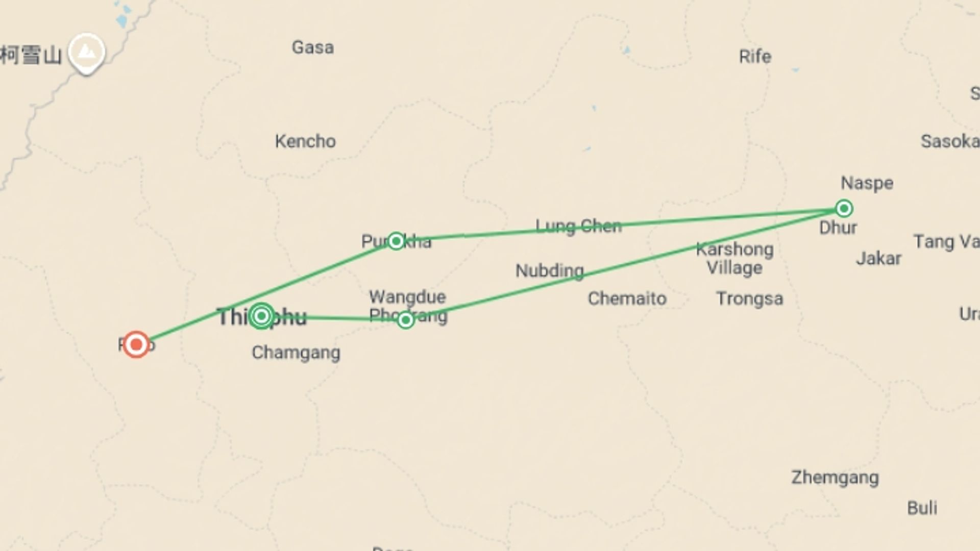 A map showing the tour itinerary for the trip: Bhutan: Women's Expedition, starting in Thimphu, Bhutan and ending in Paro, Bhutan going through 3 other destinations.