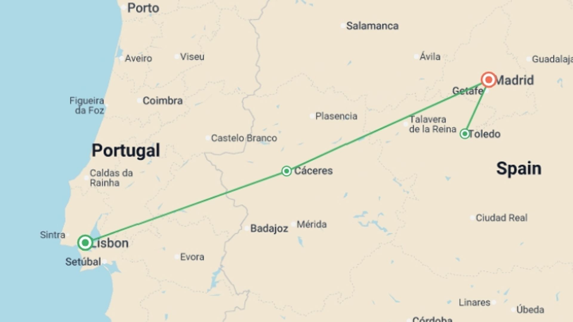 A map showing the tour itinerary for the trip: Lisbon to Madrid Express - 5 days, starting in Lisbon, Portugal and ending in Madrid, Spain going through 0 other destinations.
