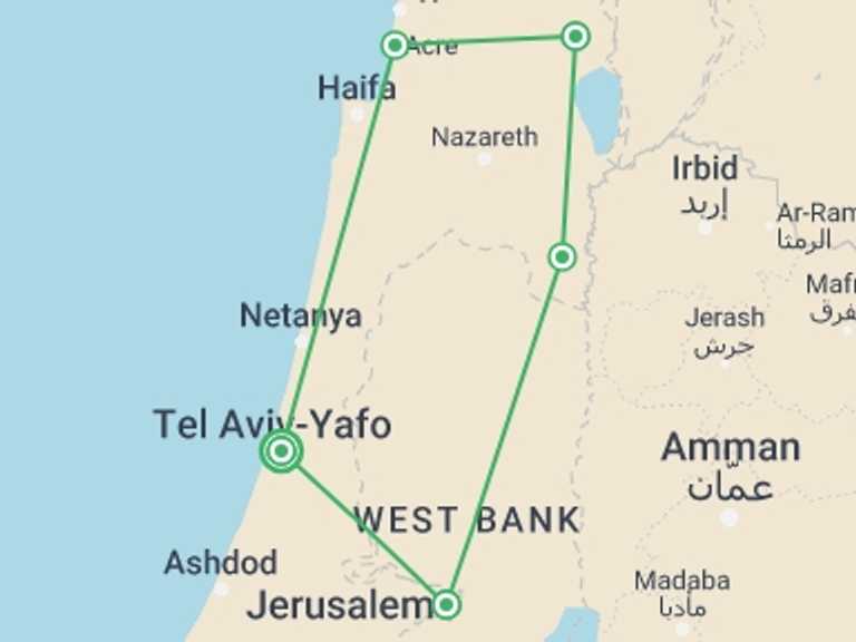 Map of a Spiritual or religious Tour with 3 destination visits for the trip: Bibleland