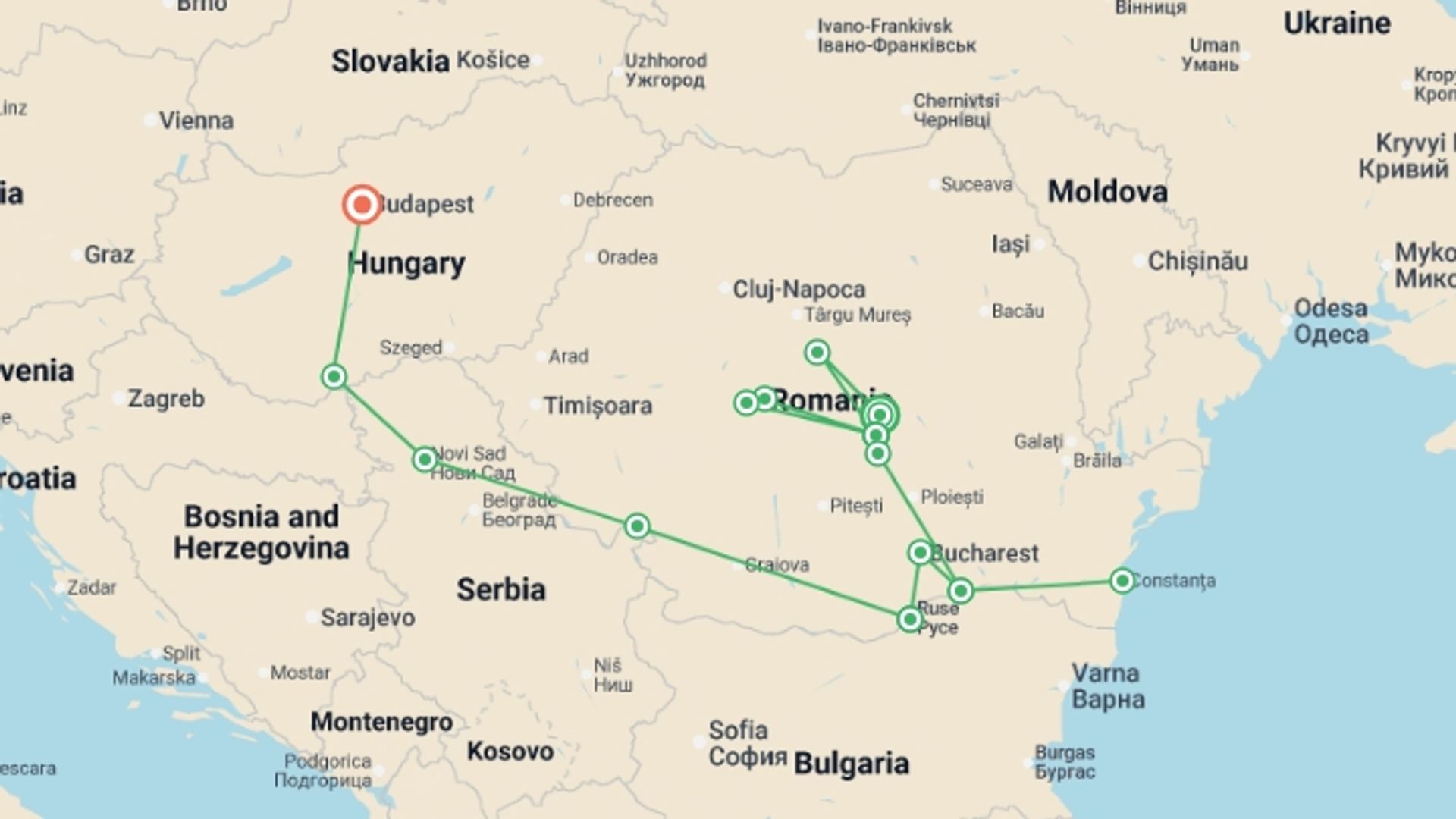 A map showing the tour itinerary for the trip: Along the Danube, the Balkan peninsula and Budapest (port-to-port cruise), starting in Brasov, Romania and ending in Budapest, Hungary going through 7 other destinations.